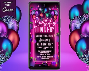 Cyfrowa kolacja urodzinowa różowe balony neonowe zaproszenie na przyjęcie urodzinowe, elektroniczne zaproszenie tekstowe na telefon, edytowalny szablon, natychmiastowe pobranie, PNB4