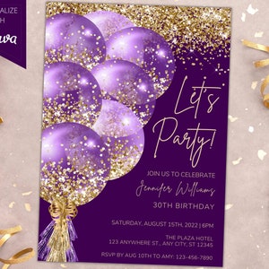 Editable Purple Gold Balloons Birthday Party Invitation, Printable Invite, Let's Party, Any Age, Editable Template, Instant Download