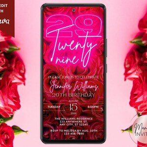 Digital 29th Birthday Pink Neon Red Floral Roses Party Invitation, For Her, Phone Evite, Editable Canva Template, Instant Download, PR98
