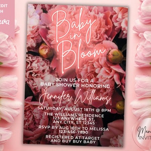 Editable Baby in Bloom Blush Pink Floral Baby Shower Printable Invitation, Baby Girl, Digital Evite, Editable Template, Instant Download