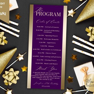 Könnte beinhalten: Ein lila-goldenes Geburtstagsprogramm mit dem Text "The Program" und "Order of Events". Das Programm enthält einen Zeitplan, eine Dankesbotschaft und den Namen "Jennifer's 30th Birthday". Das Bild ist mit goldenen Partyartikeln dekoriert.