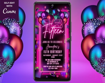 Digital 15.a invitación a la fiesta de cumpleaños de quince globos de neón rosa, texto de teléfono electrónico Evite, plantilla editable, descarga instantánea, PNB4