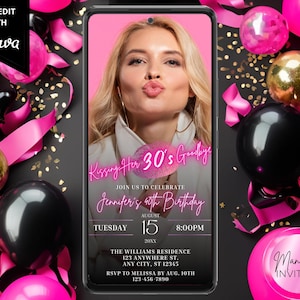 Cyfrowe całowanie jej 30s Goodbye 40th Birthday Party Pink Neon Photo Invitation, Telefon Tekst Evite, Edytowalny Szablon Canva, Natychmiastowe Pobieranie