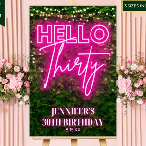 Editable Hello Thirty 30th Birthday Party Welcome Sign, Printable Poster Decor, Pink Neon Greenery, Editable Template, Instant Download