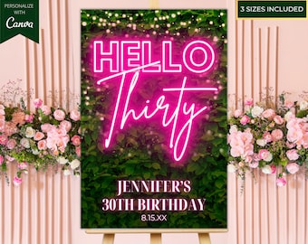 Editable Hello Thirty 30th Birthday Party Welcome Sign, Printable Poster Decor, Pink Neon Greenery, Editable Template, Instant Download