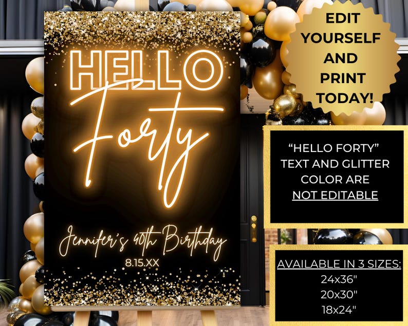 Editable Hello Forty 40th Birthday Party Welcome Sign Template ...