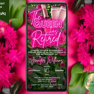 Digital Women&#39;s Retirement Farewell Party Invitation, Queen Has Retired, Text Evite, Pink Neon Greenery, Editable Template, Instant Download
