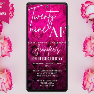 Digital 29 AF Hot Pink Floral Roses 29th Birthday Party Invitation, Electronic Phone Text Message Evite, Editable Template, Instant Download