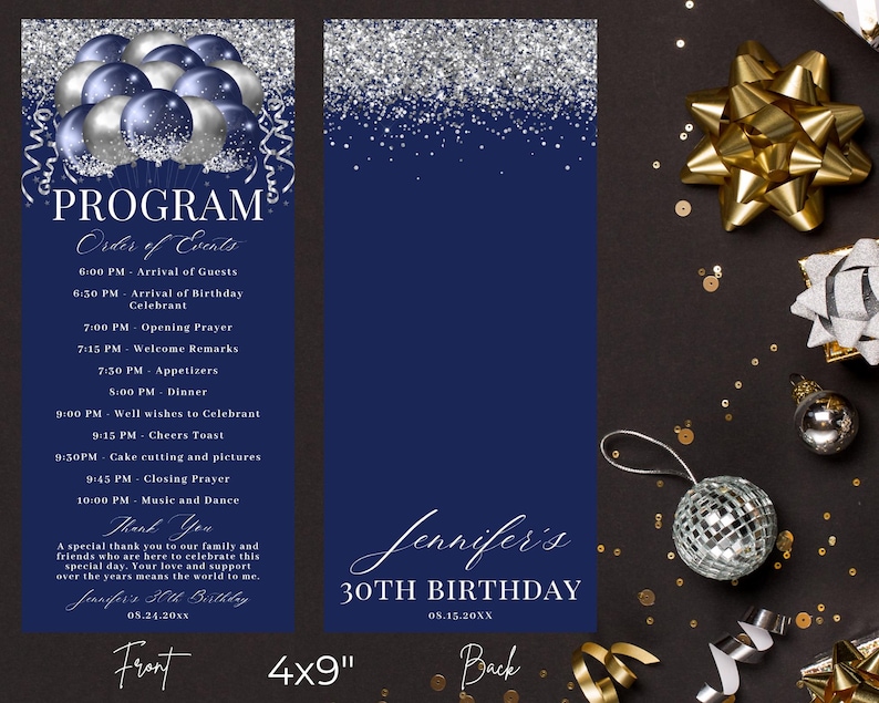 Editable Blue Silver Balloons Birthday Event Program Card Template ...