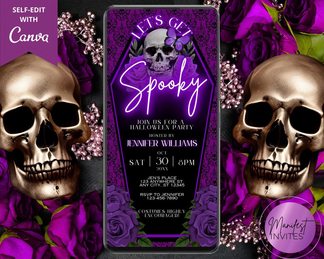 Digital Let's Get Spooky Gothic Glam Halloween Party Invitation, Purple ...