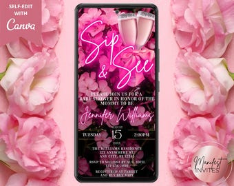 Puede incluir: Fondo de teléfono floral rosa y blanco con una superposición de texto rosa neón que dice "Sip & See". El texto debajo del texto rosa neón dice "Únase a nosotros para una baby shower en honor a la futura mamá Jennifer Williams. Martes, 15 de agosto de 20XX, 2:00 PM. La residencia Williams, 123 Anywhere St., Any City, ST 12345. RSVP a Melissa antes del 10 de agosto, 123-456-7890. Registrado en Target y Buy Buy Baby."