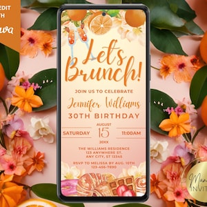 デジタル「Let's Brunch」誕生日パーティー招待状、花柄のオレンジ色の朝食用水彩画、電話テキスト招待状、編集可能なテンプレート、すぐにダウンロード可能