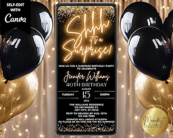 Digital Shhh It&#39;s a Surprise Black Gold Neon Birthday Party Invitation, Electronic Phone Evite, Editable Canva Template, Instant Download