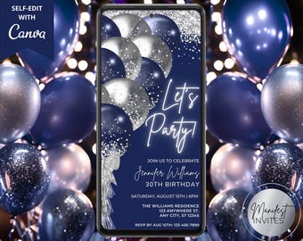 Digital Let&#39;s Party Navy Blue Silver Balloons Birthday Party Invitation, Electronic Phone Evite, Editable Canva Template, Instant Download