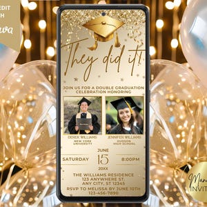 Digital Double Graduation Party Gold Photo Invitation, They Did It, 2 Person Grad Party, Text Evite, Editable Template, Instant Download