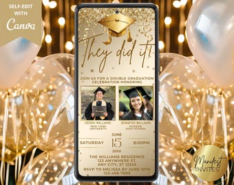Digital Double Graduation Party Gold Photo Invitation, They Did It, 2 Person Grad Party, Text Evite, Editable Template, Instant Download