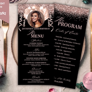 Bearbeitbares Bild Pink Rose Gold Glitter Ballons Menü- und Programmkartenvorlage, druckbares Ereignismenü-Getränkekarte, Geburtstagstischmenü