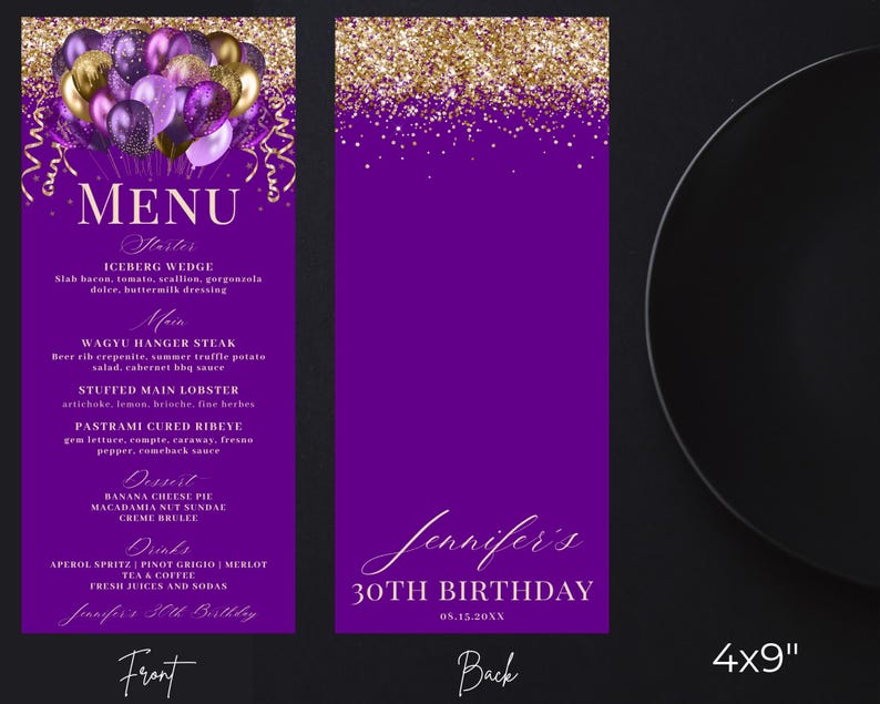Editable Elegant Purple Gold Glitter Balloons Menu and Drink Card, Glam ...