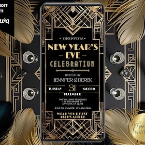 Digital Roaring 20s Gatsby thema nieuwjaarsuitnodiging, Art Deco Speakeasy, elektronische tekst Evite, bewerkbare sjabloon, Instant Download