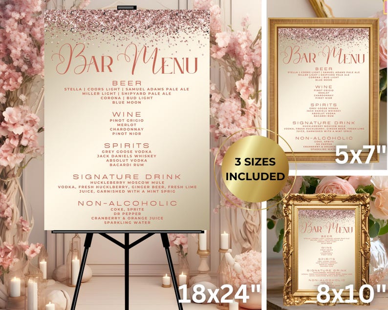 Menu Sign Pink Editable Elegant Pink Rose Gold Signature Drinks Sign Menu, Printable ...