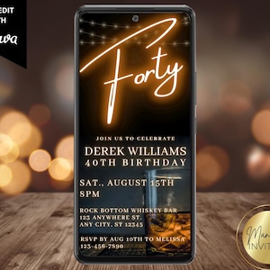 Digital Men&#39;s Forty 40th Birthday Party Whiskey Invitation, Electronic Phone Text Evite, Editable Canva Template, Instant Download, WM42