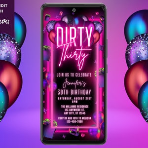 Digital 30th Dirty Thirty Birthday Party Pink Neon Balloons Invitation, Electronic Phone Evite, Editable Template, Instant Download, PNB4