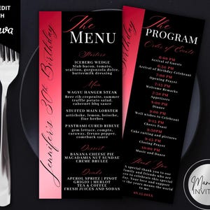 May include: Black and red birthday menu and program cards with a fork and knife. The menu lists starters, main courses, desserts, and drinks. The program outlines the event's schedule, including guest arrival, dinner, and toasts.