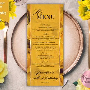 Modèle de carte de menu modifiable pour le dîner floral jaune, carte de boisson pour menu événement imprimable, carte de menu de Table de mariage anniversaire, téléchargement immédiat