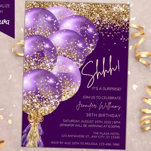 Editable Surprise Birthday Party Invitation, Printable Birthday Invite, Purple Gold Glitter Balloons, Shhh It's a Surprise, Instant Download