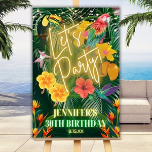 Editable Tropical Hawaiian Luau Birthday Let&#39;s Party Welcome Sign, Gold Neon, Printable Poster Sign, Editable Template, Instant Download