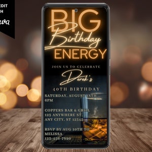 Electronic Men's Big Birthday Energy Birthday Party Whiskey Invitation, Digital Text Email Evite, Editable Template, Instant Download, WM42