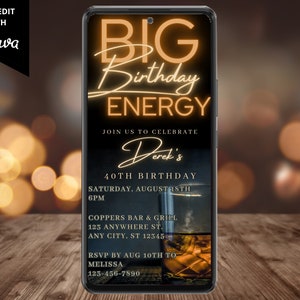 Electronic Men&#39;s Big Birthday Energy Birthday Party Whiskey Invitation, Digital Text Email Evite, Editable Template, Instant Download, WM42