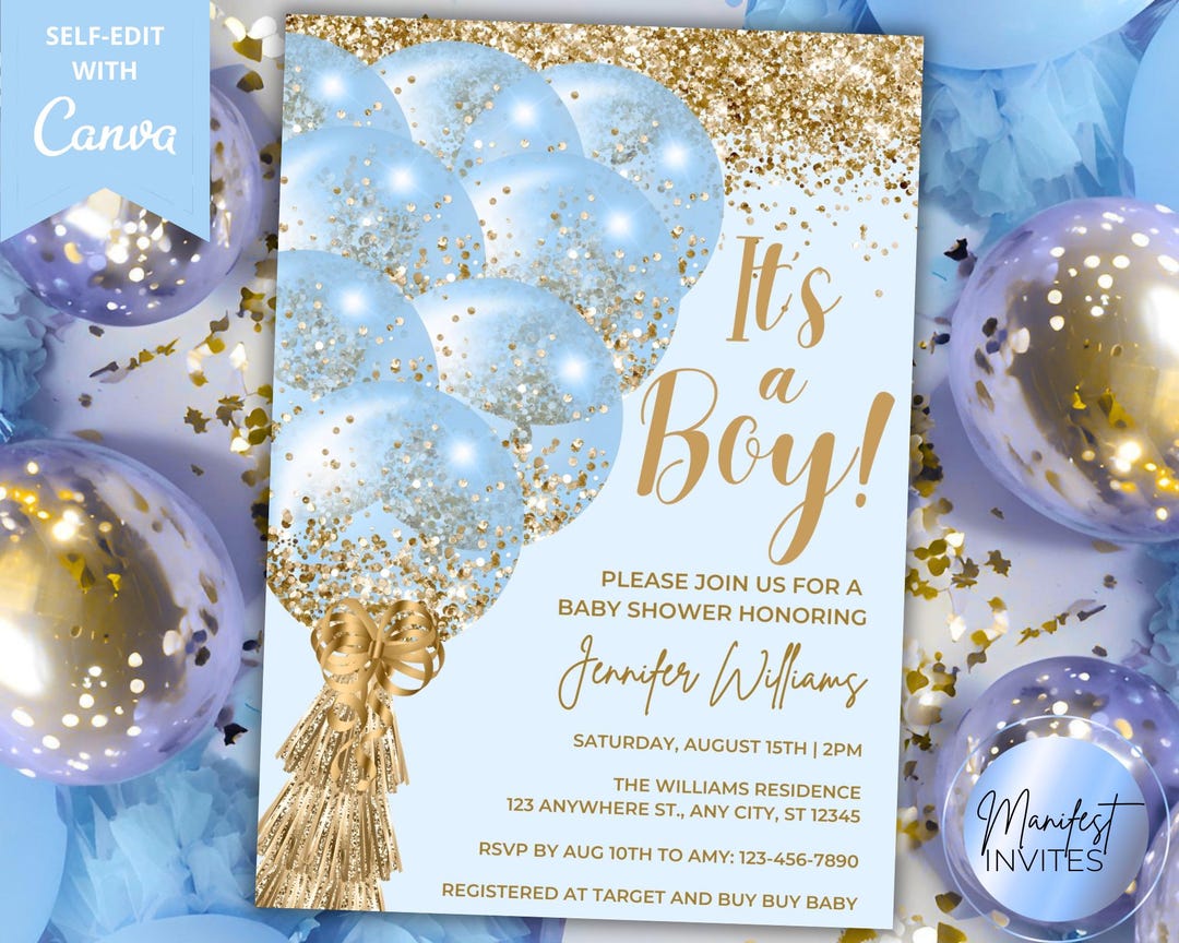 Editable It's a Boy Blue Gold Glitter Balloons Baby Shower Invitation ...