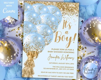 Editable It's a Boy Blue Gold Glitter Balloons Baby Shower Invitation Template, Baby Brunch, Printable Invite, Canva, Instant Download