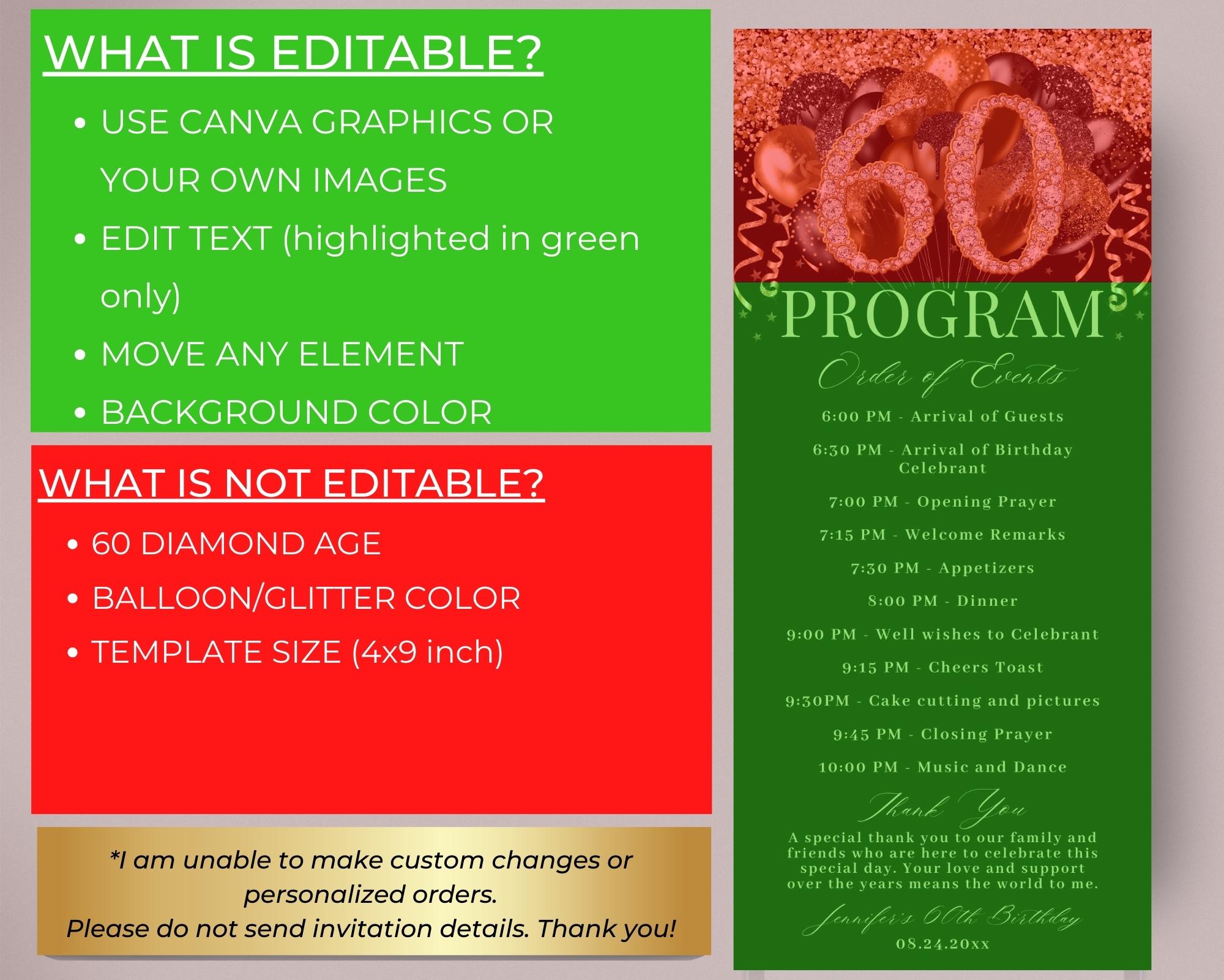 60th Birthday Program With Thank You Note, Glam Diamond Black Gold ...