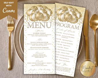 Bearbeitbares Glam White Gold Glitter Balloons Diamantmenüprogramm und Dankeskarte, Geburtstagsabschlussfeierdekor, druckbare Canva-Vorlage