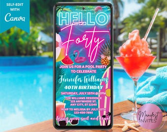 Digital Hello Forty 40th Birthday Pool Party Invitation, Neon Tropical Summer Beach BBQ Party, Phone Text Evite, Editable Canva Template