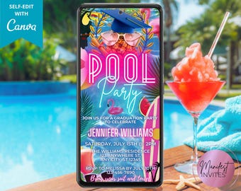 Puede incluir: Una invitación digital para una fiesta en la piscina para celebrar una graduación. La invitación presenta un flamenco rosa, un gorro de graduación, una tabla de surf y el texto "Pool Party". El texto de la invitación dice "Únete a nosotros para una fiesta de graduación para celebrar a Jennifer Williams, sábado 15 de julio a las 2:00 pm, The Williams Residence, 123 Anywhere St., Any City, ST 12345, RSVP a Melissa antes del 10 de julio, 123-456-7890, Trae tu traje de baño y toalla."