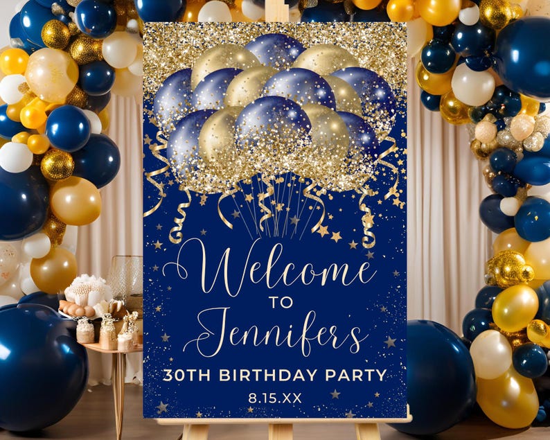 Editable Glam Navy Blue Gold Glitter Balloons Birthday Party Welcome ...