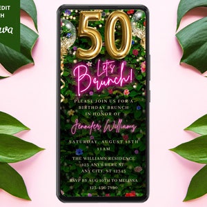 Digital 50th Birthday Brunch Invitation, Electronic Phone Text Evite, Brunch Invite, Floral Greenery, Self-Edit Template, Instant Download