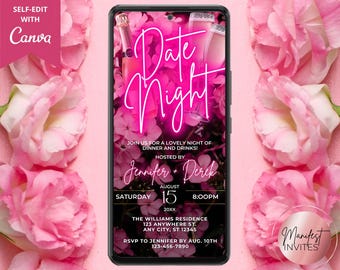 Digital Date Night Couples Party Invitation, Fun Romantic Dinner Date, Pink Neon Flowers, Electronic Phone Evite, Instant Download, PF01