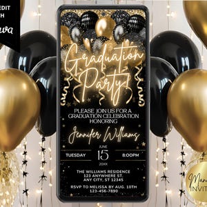 Digital Graduation Party Invitation, Neon Black Gold Balloons, High School College Grad Party Evite, Editable Template, Instant Download