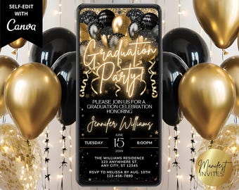 Uitnodiging digitale afstudeerfeest, neon zwart gouden ballonnen, High School College Grad Party Evite, bewerkbare sjabloon, Instant Download