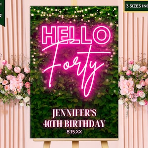 May include: A pink neon sign with the text "Hello Forty" on a green leafy background. The sign also includes the text "Jennifer's 40th Birthday 8.15.XX".