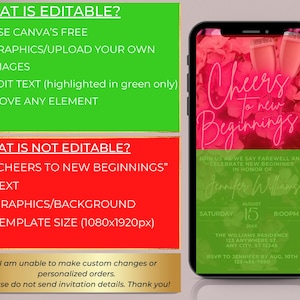 Invitación digital para fiesta de despedida, fiesta de despedida por mudanza, brindemos por nuevos comienzos, flores de neón rosa, Evite, descarga instantánea, PF01 imagen 3