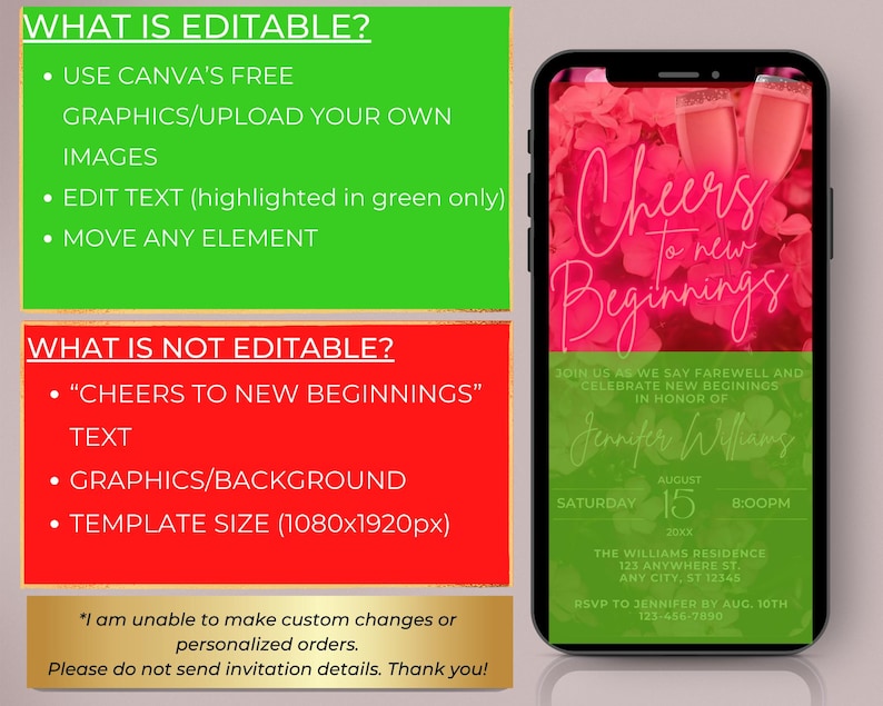 Invitación digital para fiesta de despedida, fiesta de despedida por mudanza, brindemos por nuevos comienzos, flores de neón rosa, Evite, descarga instantánea, PF01 imagen 3