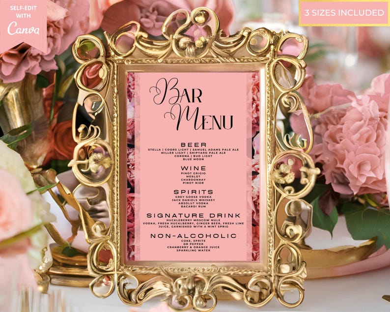 Menu Sign Pink Editable Elegant Blush Pink Floral Bar Menu Canva Template, Printable ...