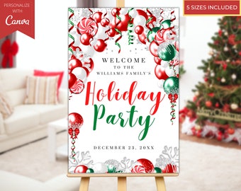 Editable Christmas Holiday Party Welcome Sign, Printable Sign, Holiday Banner Decor, Balloons, Editable Template, Instant Download, CB3