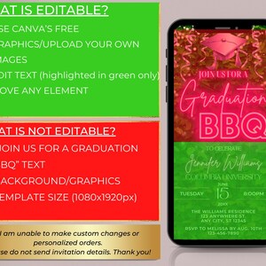 May include: A pink and green graduation party invitation with a graduation cap graphic and the text "Join us for a Graduation BBQ" to celebrate Jennifer Williams, Columbia University. The invitation includes the date, time, and location of the event.