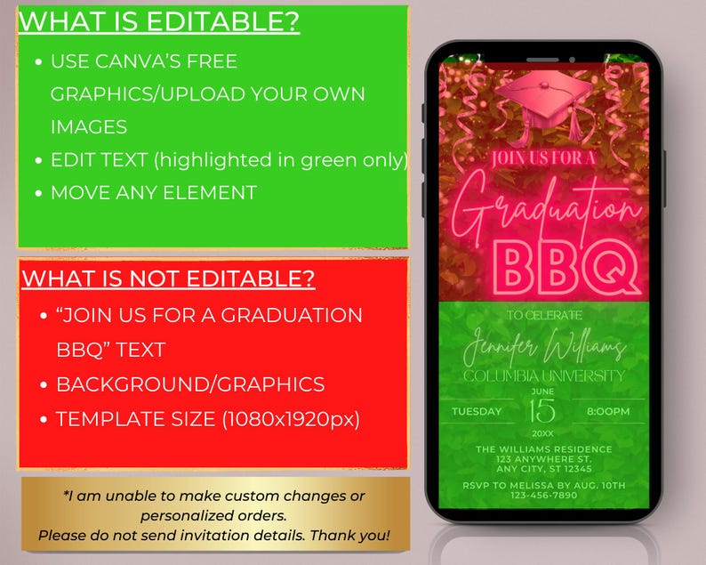 May include: A pink and green graduation party invitation with a graduation cap graphic and the text "Join us for a Graduation BBQ" to celebrate Jennifer Williams, Columbia University. The invitation includes the date, time, and location of the event.